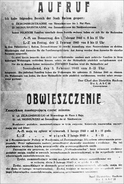 A decree published in Radom forbidding Jews to live on designated streets in the city as of February 1940.